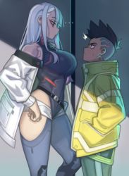 Rule 34 | ..., 1boy, 1girl, absurdres, black hair, black leotard, breasts, closed mouth, cyberpunk (series), cyberpunk edgerunners, david martinez, eye contact, from side, grey hair, hand in pocket, heattech leotard, height difference, highres, jacket, kelvin hiu, large breasts, leotard, long hair, long sleeves, looking at another, lucy (cyberpunk), multicolored hair, standing, turtleneck, white jacket, yellow jacket