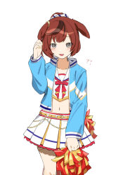 Rule 34 | 1girl, :3, absurdres, animal ears, belt, blue jacket, blush, brown hair, crop top, ears down, feet out of frame, flying sweatdrops, grey eyes, highres, holding, holding ears, holding pom poms, horse ears, jacket, layered skirt, long sleeves, michia (bourgognepony), midriff, multicolored hair, navel, nice nature (run&amp;win) (umamusume), nice nature (umamusume), open clothes, open jacket, open mouth, pom pom (cheerleading), pom poms, pony (animal), sailor collar, shirt, simple background, skirt, solo, standing, streaked hair, sweat, umamusume, white background, white shirt, white skirt