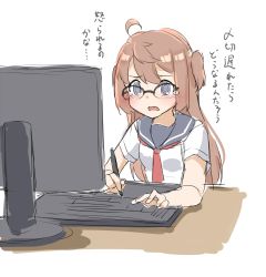 Rule 34 | &gt; &lt;, 1girl, ahoge, amemiya sekira, blouse, blue sailor collar, blush, brown hair, closed eyes, computer, drawing tablet, glasses, graphic tablet, highres, long hair, monitor, neckerchief, open mouth, original, red neckerchief, sailor collar, school uniform, sekira ame, serafuku, shirt, short sleeves, simple background, sitting, sketch, solo, stress, stylus, tears, translation request, two side up, upper body, white background, white shirt