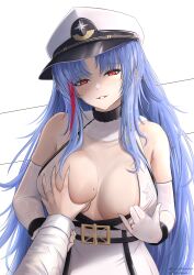 Rule 34 | 1girl, 1other, absurdres, azur lane, blue hair, breasts, commentary, commission, dress, elbow gloves, english commentary, gloves, grabbing, grabbing another&#039;s breast, grabbing another's breast, guided breast grab, guiding hand, hat, highres, jewelry, large breasts, long hair, long sleeves, mole, mole on breast, multicolored hair, peaked cap, red eyes, ring, simple background, streaked hair, tallinn (azur lane), two-tone hair, very long hair, wedding ring, white background, white dress, white gloves, white headwear, yunareas