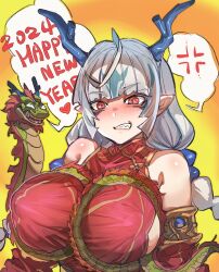 Rule 34 | 1girl, 2024, bare shoulders, blue hair, blue horns, bow (bhp), breasts, china dress, chinese clothes, chinese zodiac, clenched teeth, commentary request, dragon, dragon girl, dragon horns, dress, eastern dragon, grey hair, happy new year, horns, large breasts, long hair, low twintails, multicolored hair, new year, original, poi, pointy ears, red dress, red eyes, sleeveless, sleeveless dress, solo, teeth, twintails, two-tone hair, upper body, year of the dragon