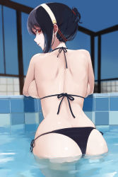 Rule 34 | 1girl, arm rest, ass, back, backboob, bikini, black bikini, black hair, breast rest, breasts, closed mouth, commentary request, from behind, hairband, halterneck, highres, kntrs (knyrs), large breasts, looking at viewer, looking back, pool, red eyes, side-tie bikini bottom, sidelocks, smile, solo, spy x family, swimsuit, thong bikini, white hairband, yor briar