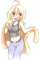 Rule 34 | 100 percent orange juice, 1girl, :d, ahoge, bare arms, bare shoulders, belt, belt buckle, black belt, black tank top, blonde hair, blue pants, blush, breasts, brown coat, buckle, coat, commentary request, denim, hair between eyes, hand up, hono, jeans, large breasts, long hair, long sleeves, low ponytail, midriff, navel, official art, open clothes, open coat, open mouth, pants, ponytail, purple eyes, saki (orange juice), simple background, sleeves past wrists, smile, solo, suguri, tank top, undressing, wavy mouth, white background