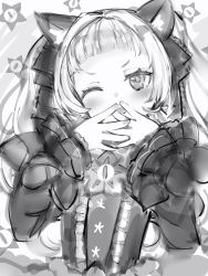 Rule 34 | 1girl, animal ears, bad id, bad twitter id, blunt bangs, blush, cat ears, dress, fingernails, gothic lolita, greyscale, covering own mouth, hands up, highres, hololive, lolita fashion, long hair, long sleeves, looking at viewer, monochrome, murasaki shion, murasaki shion (gothic lolita), nanashi (nlo), official alternate costume, one eye closed, smile, solo, upper body, virtual youtuber