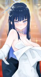 Rule 34 | 1girl, absurdres, bare shoulders, black hair, blue archive, blue eyes, breasts, chankuro, choker, cleavage, dress, elbow gloves, gloves, halo, highres, large breasts, long hair, looking at viewer, official alternate costume, outstretched arm, saori (blue archive), saori (dress) (blue archive), white dress, white gloves