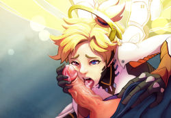 Rule 34 | 1boy, 1girl, artist request, blonde hair, blue eyes, cum, cum in mouth, gloves, halo, highres, licking, mechanical halo, mechanical wings, mercy (overwatch), overwatch, overwatch 1, penis, tongue, tongue out, uncensored, wings