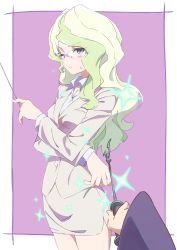 Rule 34 | 2girls, alternate costume, blonde hair, blush, business suit, collared shirt, commentary request, cowboy shot, diana cavendish, formal, glasses, highres, kagari atsuko, little witch academia, multiple girls, one eye closed, pencil skirt, purple background, shirt, skirt, skirt suit, sparkle, standing, suit, tama (tama-s), thighs, wand