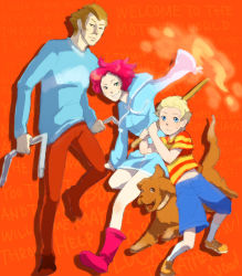 Rule 34 | 1girl, 2boys, blonde hair, blue eyes, boney, boots, brown hair, dog, duster (mother), fire, grin, height difference, hood, hoodie, kumatora, lucas (mother 3), mother (game), mother 3, multiple boys, nintendo, red hair, sesyamo, shirt, shorts, smile, staple, stick, sweatdrop, sweater, t-shirt