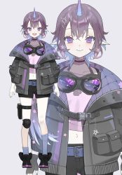 Rule 34 | 1girl, arms at sides, asymmetrical legwear, belt, choker, closed mouth, coat, crop top, eyewear around neck, frilled choker, frills, hair ornament, highres, horns, indie virtual youtuber, karo (karohroka), knee pads, marie yono, multicolored eyes, open mouth, pointy ears, pouch, purple eyes, purple hair, shoes, short hair, shorts, single horn, smile, socks, standing, thigh pouch, uneven legwear, virtual youtuber, zoom layer