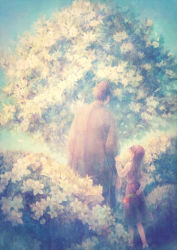 Rule 34 | 1boy, 1girl, arm behind back, backlighting, bad id, bad pixiv id, blurry, bush, child, clothes grab, dress, flower, from behind, height difference, holding, lens flare, long hair, looking up, muted color, namihaya, original, scenery, short hair, sky, sleeve grab, texture, tree