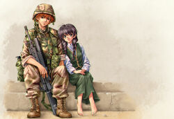 Rule 34 | 1boy, 1girl, :d, ahoge, ammunition pouch, arm at side, assault rifle, barefoot, belt, boots, braid, brown eyes, brown footwear, brown hair, camouflage, camouflage jacket, canteen, chin strap, collared shirt, combat boots, combat helmet, commentary, desert camouflage, full body, green belt, green eyes, green skirt, green vest, grenade launcher, grey background, gun, gun sling, hair over shoulder, height difference, helmet, highres, holding, holding gun, holding weapon, jacket, jasmine (rewrite), load bearing vest, long hair, long sleeves, longmei er de tuzi, looking at viewer, m16, m16a1, m203, military, military uniform, multicolored clothes, multicolored headwear, multicolored jacket, multicolored pants, negative space, open mouth, orange hair, own hands together, pants, parted lips, pocket, pouch, purple hair, rewrite, rifle, shirt, short hair, short sleeves, sitting, skirt, skirt set, sleeves rolled up, smile, soldier, tennouji kotarou, twin braids, underbarrel grenade launcher, uniform, utility belt, vest, weapon, white shirt, woodland camouflage