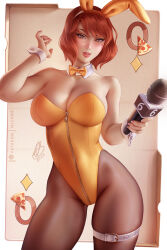 Rule 34 | 1girl, animal ears, april o&#039;neil, bare shoulders, black pantyhose, breasts, brown eyes, brown hair, cleavage, curvy, detached collar, fake animal ears, food, highleg, highleg leotard, holding, holding microphone, large breasts, leotard, lips, looking at viewer, microphone, olchas, pantyhose, parted lips, pizza, pizza slice, playboy bunny, rabbit ears, short hair, solo, standing, strapless, strapless leotard, teenage mutant ninja turtles, thigh strap, wide hips, wrist cuffs, yellow leotard, zipper pull tab