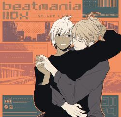 Rule 34 | 2boys, barcode, beatmania, beatmania iidx, brothers, character name, closed eyes, commentary request, copyright name, dark-skinned male, dark skin, dated, english text, ereki (beatmania), folded ponytail, greyscale with colored background, grin, hair between eyes, high ponytail, holding hands, long bangs, long sleeves, looking at another, looking to the side, male focus, maoh (aburaage0528), multiple boys, orange background, shilow, shirt, short hair, siblings, smile, upper body