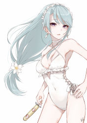 Rule 34 | 1girl, artist name, bare arms, bare shoulders, breasts, cleavage, collarbone, covered navel, cowboy shot, earrings, flower, food, grey hair, hair flower, hair ornament, highres, holding, holding food, jewelry, kantai collection, long hair, medium breasts, neve (morris-minicooper), official alternate costume, one-piece swimsuit, popsicle, purple eyes, sagiri (kancolle), signature, simple background, solo, swimsuit, white background, white flower, white one-piece swimsuit