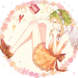 Rule 34 | 1girl, ahoge, bow, box, dress, feathered wings, gift, gift box, green eyes, green hair, gumi, half updo, happy birthday, headphones, highres, lace, lace-trimmed dress, lace trim, looking at viewer, matching hair/eyes, p (pkochan), short hair, short hair with long locks, short ponytail, side ponytail, sidelocks, sleeveless, smile, solo, vocaloid, wings