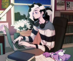 Rule 34 | 1boy, alternate costume, black hair, black shirt, book, bookshelf, chair, closed mouth, commentary, computer, creatures (company), cup, desk, galarian form, galarian zigzagoon, game freak, gen 8 pokemon, green eyes, headphones, highres, indoors, laptop, long hair, male focus, mug, multicolored hair, night, nintendo, piers (pokemon), pokemon, pokemon (creature), pokemon swsh, shiratama (shiratama zenzai), shirt, sitting, sky, star (sky), striped clothes, striped shirt, symbol-only commentary, toxel, two-tone hair, white hair, white shirt, window