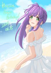 Rule 34 | 1girl, :d, absurdres, beach, blue sky, breasts, character name, cloud, commentary request, dated, dress, frilled dress, frills, green eyes, happy birthday, highres, horizon, link! like! love live!, long hair, love live!, medium breasts, ocean, off-shoulder dress, off shoulder, open mouth, otomune kozue, purple hair, shore, side ponytail, sidelocks, signature, skirt hold, sky, smile, solo, teeth, translation request, upper teeth only, virtual youtuber, white dress, yukippe 24