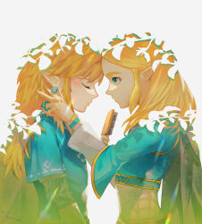 Rule 34 | 1boy, 1girl, blonde hair, blue shirt, champion&#039;s tunic (zelda), closed eyes, commentary request, face-to-face, green eyes, hair brush, hair down, highres, holding, holding hair brush, holding hair tie, light blush, link, long hair, nintendo, pointy ears, princess zelda, shirt, signature, simple background, smile, the legend of zelda, the legend of zelda: breath of the wild, tsujieiri