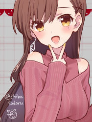 Rule 34 | :d, aged up, artist logo, bare shoulders, blush, breasts, brown eyes, brown hair, cable knit, chiba sadoru, close-up, dot nose, earrings, fingernails, gakkou gurashi!, hair behind ear, hair between eyes, hair ornament, hand up, high collar, inward v, jewelry, long hair, long sleeves, looking at viewer, medium breasts, mole, mole under eye, nail polish, off-shoulder sweater, off shoulder, official art, open mouth, parted hair, plaid, plaid background, red sweater, signature, smile, solo, spoilers, sweater, teeth, twitter username, upper body, v, v over mouth, very long hair, x hair ornament, yellow nails