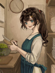 Rule 34 | 1girl, apron, blue apron, blue eyes, blush, bowl, breasts, brown hair, clock, commentary request, cooking, cutting board, food, hair ornament, hair tie, hairclip, hands up, highres, holding, holding food, holding knife, indoors, knife, long hair, looking at viewer, open mouth, original, peeling, ponytail, potato, sayoko (sayosny2), shirt, signature, sleeves pushed up, small breasts, smile, solo, upper body, white shirt
