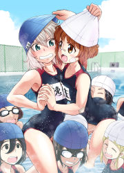 Rule 34 | 6+girls, bandage on face, bandages, bandaid, bandaid on arm, bandaid on face, bandaid on nose, black hair, black one-piece swimsuit, blonde hair, blue eyes, blue sky, blurry, blurry background, blush, brown eyes, brown hair, carrying, clothes pull, cloud, cloudy sky, commentary request, day, depth of field, closed eyes, fighting, frown, girls und panzer, goggles, grimace, highres, holding hands, interlocked fingers, itsumi erika, kibasen, leaning forward, looking at another, medium hair, missing tooth, multiple girls, name tag, nishizumi miho, one-piece swimsuit, open mouth, outdoors, partially submerged, pool, school swimsuit, shoulder carry, silver hair, sky, splashing, sutahiro (donta), swim cap, swimsuit, textless version, wrestling, aged down