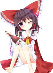 Rule 34 | 1girl, ascot, bare shoulders, barefoot, blush, bottle, bow, brown hair, character print, closed mouth, collar, collared dress, detached sleeves, dress, frills, furomaaju (fromage), hair between eyes, hair ornament, hair tubes, hakurei reimu, hand up, highres, ibaraki kasen, large bow, long sleeves, looking at viewer, medium hair, one eye closed, pink eyes, pink hair, red bow, red dress, short hair, simple background, sitting, smile, solo, touhou, white background, white headwear, wide sleeves, yellow ascot