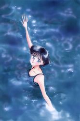 Rule 34 | 1990s (style), 1girl, bishoujo senshi sailor moon, blue eyes, blue hair, blue one-piece swimsuit, blue theme, commentary, earrings, highres, jewelry, looking at viewer, matching hair/eyes, mizuno ami, official art, one-piece swimsuit, parted lips, retro artstyle, scan, short hair, smile, solo, swimsuit, takeuchi naoko, wading, water