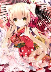Rule 34 | 1girl, animal ear fluff, animal ears, blonde hair, blurry, blurry foreground, brown eyes, cat ears, commentary request, depth of field, floral print, flower, hair between eyes, japanese clothes, kimono, long hair, long sleeves, looking at viewer, looking to the side, nanase kureha, nanase nao, oil-paper umbrella, original, pink flower, print kimono, red kimono, red umbrella, ribbon-trimmed sleeves, ribbon trim, solo, umbrella, very long hair, wide sleeves