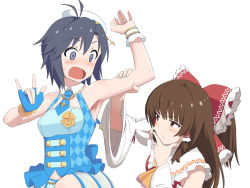 Rule 34 | 2girls, 4joukioto, \m/, antenna hair, armpits, ascot, black hair, blue dress, blue gloves, blue necktie, blush, bow, breasts, brown eyes, brown hair, closed mouth, collared shirt, commentary request, cookie (touhou), cross, crossover, detached sleeves, dress, fingerless gloves, frilled bow, frilled hair tubes, frilled shirt collar, frills, gloves, hair bow, hair tubes, hakurei reimu, idolmaster, idolmaster (classic), idolmaster platinum stars, kanna (cookie), kikuchi makoto, long hair, looking at another, multiple girls, necktie, open mouth, purple eyes, red bow, red shirt, ribbon-trimmed sleeves, ribbon trim, shirt, short hair, short necktie, sidelocks, simple background, single glove, sleeveless, sleeveless dress, sleeveless shirt, small breasts, thinking, touhou, twinkle star (idolmaster), upper body, white background, white headwear, white sleeves, wide sleeves, yellow ascot