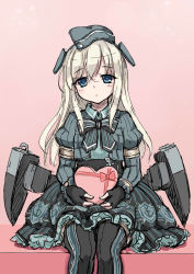 Rule 34 | 10s, 1girl, adapted costume, alternate costume, blue eyes, bow, box, candy, chocolate, chocolate heart, dress, fingerless gloves, food, gift, gift box, gloves, hat, heart, highres, holding, kantai collection, light brown hair, long hair, looking at viewer, machinery, north abyssor, sitting, sketch, solo, thighhighs, u-511 (kancolle), valentine