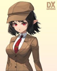 Rule 34 | 1girl, :o, absurdres, black hair, breasts, brown headwear, brown jacket, buttons, cabbie hat, collared shirt, commentary request, flat cap, hat, highres, jacket, knuo dx, long sleeves, medium breasts, necktie, no wings, official alternate costume, pointy ears, red eyes, red necktie, shameimaru aya, shameimaru aya (newsboy), shirt, short hair, simple background, suit jacket, tie clip, touhou, upper body, white shirt