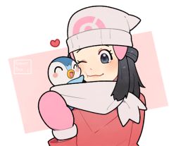 Rule 34 | 1girl, :3, ^ ^, beanie, bird, black eyes, closed eyes, commentary request, creatures (company), dawn (pokemon), game freak, gen 4 pokemon, gloves, happy, hat, jaho, nintendo, one eye closed, penguin, pink gloves, piplup, pokemon, pokemon (creature), pokemon dppt, pokemon platinum, scarf, upper body, white headwear, white scarf, winter clothes
