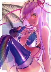 Rule 34 | 1girl, absurdres, bare shoulders, bb (fate), bb (fate) (all), bb (swimsuit mooncancer) (fate), bb (swimsuit mooncancer) (second ascension) (fate), bead bracelet, beads, belt, bikini, black gloves, black shorts, black thighhighs, blue sky, blush, bracelet, breasts, cleavage, dark-skinned female, dark skin, fate/grand order, fate (series), fingerless gloves, gloves, goo-yan (ogura tomomi), hair ornament, hair ribbon, hairband, highres, jewelry, knees up, large breasts, long hair, looking at viewer, loose belt, micro shorts, nail polish, neck ribbon, open mouth, palm tree, pink sky, purple bikini, purple hair, red eyes, ribbon, shorts, sitting, sky, smile, solo, star (symbol), star hair ornament, swimsuit, tan, thighhighs, thighs, tree, twilight, very long hair, white belt