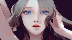 Rule 34 | 1girl, android, arm up, bad id, bad pixiv id, blue eyes, close-up, eyelashes, floating hair, grey hair, hair between eyes, hand in own hair, jn3, long hair, looking at viewer, original, parted lips, portrait, red lips, solo