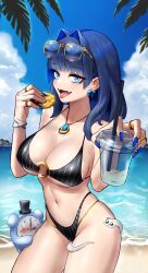 Rule 34 | 1girl, absurdres, beach, bikini, black bikini, blue eyes, blue hair, blue nails, blue sky, blush, boros (ouro kronii), bow, bow earrings, bracelet, breasts, cloud, contrapposto, cup, disposable cup, drinking straw, earrings, eating, eyewear on head, fangs, food, gold bikini, hair intakes, highleg, highleg bikini, highres, holding, holding cup, holding food, hololive, hololive english, jewelry, kronie (ouro kronii), large breasts, layered bikini, looking at viewer, medium hair, multicolored nails, navel, necklace, nose blush, o-ring, o-ring bikini, ocean, open mouth, ouro kronii, palm tree, pink nails, pinstripe pattern, radi (pixiv 88192217), revealing clothes, ring, skindentation, sky, solo, star (symbol), star in eye, stomach, strap gap, string bikini, summer, sunglasses, swimsuit, symbol in eye, tongue, tongue out, tree, underboob, virtual youtuber