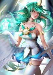 Rule 34 | 1girl, alternate hair color, animal ears, bare shoulders, breasts, choker, collarbone, commentary request, dress, gloves, green choker, green dress, green eyes, green hair, hand up, highres, horns, large breasts, league of legends, long hair, magical girl, parted lips, pointy ears, single horn, smile, solo, soraka (league of legends), star (symbol), star guardian (league of legends), star guardian soraka, teeth, thighhighs, very long hair, white gloves, xiuluoyi00