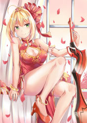 Rule 34 | 1girl, aestus estus, anklet, bare shoulders, blonde hair, blush, bracelet, breasts, china dress, chinese clothes, cleavage, cleavage cutout, closed mouth, clothing cutout, commentary request, dress, earrings, fate/grand order, fate (series), fingernails, green eyes, hair between eyes, high heels, highres, indoors, jewelry, konka, large breasts, nail polish, nero claudius (fate), nero claudius (fate) (all), nero claudius (fate/extra), pelvic curtain, petals, pink nails, red dress, red footwear, red sword, rose petals, sitting, smile, solo, sword, weapon, window
