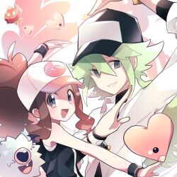Rule 34 | 1boy, 1girl, :d, artist name, baseball cap, bat (animal), bat wings, blue fur, brown hair, clear 2758, colored skin, commentary request, creatures (company), game freak, gen 1 pokemon, gen 3 pokemon, gen 5 pokemon, green hair, grey eyes, hat, heart arms, heart arms duo, high ponytail, highres, hilda (pokemon), long hair, looking at viewer, luvdisc, magikarp, medium hair, n (pokemon), nintendo, open mouth, pink skin, poke ball print, pokemon, pokemon (creature), pokemon bw, print headwear, shirt, smile, teeth, twitter username, upper teeth only, v-shaped eyebrows, white shirt, wings, woobat