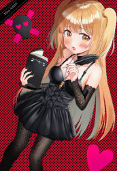 Rule 34 | 1girl, absurdres, amane misa, bare shoulders, black choker, black dress, black pantyhose, black sleeves, blonde hair, blush, book, breasts, brown eyes, choker, cleavage, commentary request, death note, detached sleeves, dress, eyes visible through hair, highres, holding, holding book, jewelry, kubong, long hair, long sleeves, looking at viewer, medium breasts, nail polish, necklace, open book, open mouth, pantyhose, pen, pendant, pleated dress, polka dot, polka dot background, quill, red background, red nails, sleeveless, sleeveless dress, sleeves past wrists, solo, two side up, very long hair, yellow eyes