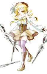 Rule 34 | 10s, 1girl, beret, blonde hair, boots, corset, detached sleeves, drill hair, fingerless gloves, gloves, gun, hair ornament, hat, magical girl, magical musket, mahou shoujo madoka magica, mahou shoujo madoka magica (anime), musket, puffy sleeves, rifle, siyouko, solo, striped clothes, striped thighhighs, thighhighs, tomoe mami, vertical-striped clothes, vertical-striped thighhighs, weapon, yellow eyes