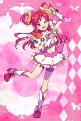 Rule 34 | 00s, 1girl, coco (precure 5), coco (yes! precure 5), cure dream, earrings, elbow gloves, frilled skirt, frills, full body, gloves, hair rings, jewelry, long hair, magical girl, miniskirt, one eye closed, open mouth, penki, pink background, pink hair, pink shorts, precure, purple eyes, shorts, skirt, smile, solo, standing, standing on one leg, yes! precure 5, yumehara nozomi