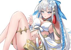 Rule 34 | 1girl, bikini, blue eyes, blue hair, braid, breasts, fate/grand order, fate (series), french braid, hair ribbon, highres, large breasts, long hair, looking at viewer, morgan le fay (fate), morgan le fay (water princess) (fate), nigori (keydoor), open mouth, ponytail, ribbon, sidelocks, solo, swimsuit, thighs, very long hair, white hair