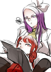 Rule 34 | 2girls, :t, annoyed, asakura rikako, ascot, book, bow, dilaih, glasses, hair bow, interrupted, lab coat, long hair, looking at another, multiple girls, okazaki yumemi, open book, purple eyes, purple hair, reading, red eyes, red hair, simple background, sitting, sitting on lap, sitting on person, touhou, touhou (pc-98), white background, white bow