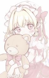 Rule 34 | 1girl, blonde hair, blush, bow, covered mouth, flandre scarlet, hat, highres, looking at viewer, mob cap, muted color, pastel (iero-guri-nn), pointy ears, puffy sleeves, ribbon, short sleeves, simple background, solo, stuffed animal, stuffed toy, teddy bear, touhou, white background, wings