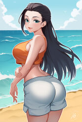 Rule 34 | ass, back, bare arms, bare shoulders, beach, black hair, breasts, closed mouth, crop top, crop top overhang, dress, forehead, from behind, green eyes, hair behind ear, highres, ho haiiro, huge ass, large breasts, lipstick, long hair, looking at viewer, looking back, makeup, midriff, nape, nico robin, ocean, one piece, orange shirt, outdoors, shirt, short shorts, shorts, sideboob, sky, smile, white shorts