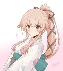 Rule 34 | 1girl, brown eyes, commentary request, floral print, hair flaps, hair ribbon, japanese clothes, kantai collection, kimono, long hair, looking at viewer, one-hour drawing challenge, pink hair, ponytail, ribbon, shizuna kaede, solo, translation request, upper body, v arms, very long hair, white kimono, yura (kancolle)