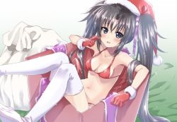 Rule 34 | 1girl, bikini, black hair, blue eyes, box, breasts, christmas, commentary request, commission, gift, gloves, hair ribbon, halterneck, hand on own face, hat, in box, in container, kuroi mimei, long hair, lyrical nanoha, mahou shoujo lyrical nanoha vivid, navel, purple ribbon, red bikini, red gloves, ribbon, sack, santa gloves, santa hat, sieglinde eremiah, sitting, skeb commission, small breasts, solo, swimsuit, thighhighs, twintails, very long hair, white thighhighs