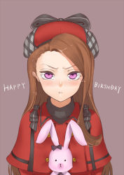 Rule 34 | 1girl, :p, asymmetrical hair, black bow, blush, bow, brown hair, capelet, grey background, hair bow, happy birthday, hat, idolmaster, idolmaster (classic), jyon, long hair, looking at viewer, minase iori, purple eyes, red capelet, red hat, simple background, solo, stuffed animal, stuffed toy, tongue, tongue out, upper body, very long hair
