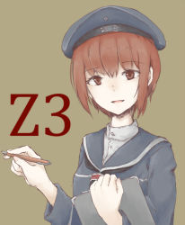 Rule 34 | 10s, 1girl, bad id, bad pixiv id, brown eyes, brown hair, dress, hat, holding, holding pencil, kantai collection, kriegsmarine, looking at viewer, nemubusoku, open mouth, pen, pencil, sailor collar, sailor dress, sailor hat, short hair, smile, solo, z3 max schultz (kancolle)