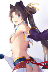 Rule 34 | 1girl, absurdres, armor, armpit crease, ass, asymmetrical sleeves, black hair, black hat, blue eyes, blue gloves, blue panties, breast curtains, breasts, chinese commentary, commentary request, detached sleeves, fate/grand order, fate (series), feathers, from behind, gloves, hat, highres, japanese armor, kojo (0124), kusazuri, long hair, looking at viewer, looking back, mismatched sleeves, open mouth, panties, photoshop (medium), pom pom (clothes), purple sleeves, revealing clothes, revision, shoulder armor, showgirl skirt, side ponytail, sideboob, small breasts, smile, sode, solo, tate eboshi, teeth, twisted torso, underwear, upper teeth only, ushiwakamaru (fate), very long hair, white sleeves